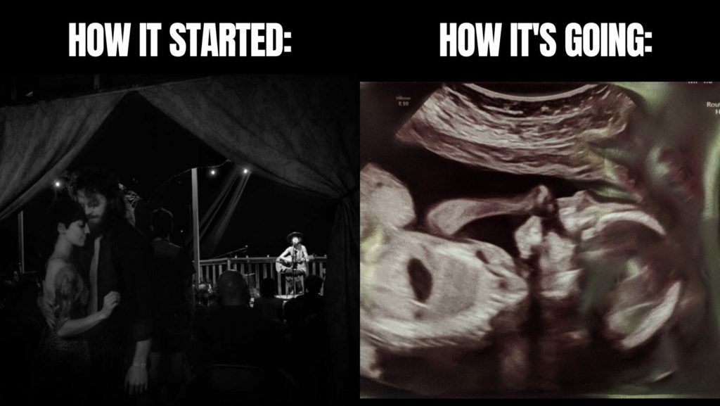 Image with text: "How it started" above a picture of Taija and CJ dancing at an intimate live concert. next to an image (right) under the text "how it's going" with an ultrasound image of baby cerulean in-utero sucking on their hand.